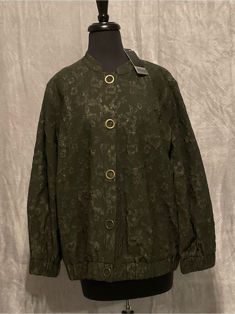 Investments Dark Olive Floral Bomber Jacket with Gold Ring Buttons